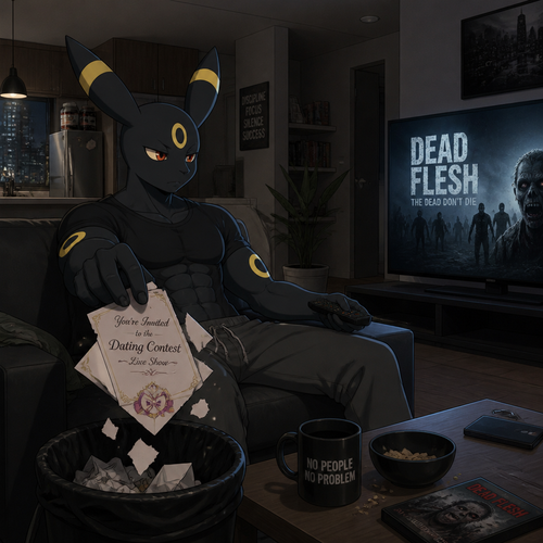 In a anthro Pokemon universe. A grown non-rich Umbreon male who lives in a apartment alone who’s ripped the envelope that says; your invited to dating contest live show; from the grown wealthy Sylveon male (the Barron) and then put it on a trash while continues to watch a zombie horror movie on television. A well-made animated modern life version.