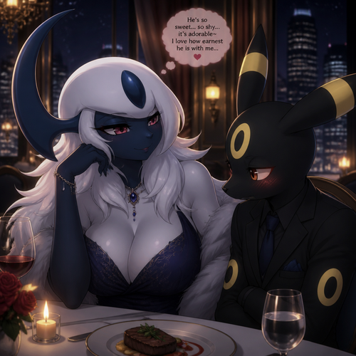 A well-made busty female Pokemon character, Absol. wears an elegant dress and eyeliner. Tall and gorgeous. Dating a shy male Umbreon with a blush. Patient. Has a flirty feeling. Thinking about how sweet and delightful. On a fancy restaurant at night.