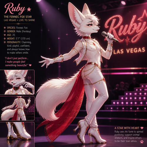 A well-made white furred fennec Fox male named Ruby, wears something attractive for entertainment for a show by self to dance/sing. Wears eyeliner and lipstick. Has a bushy tail. A grown femboy anthro. A star in Las Vegas. Well groomed. Side view. Animated verse. Has good personality.