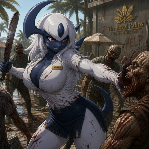 An busty anthro female Absol, in the universe of Dead Island, fighting for her life around zombies, works at the hotel but now a survivor, and fearless. Animated version. Name Amber while wears a name tag.