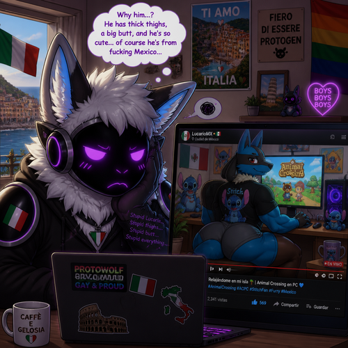 A jealous fluffy gay male Protogen (lives in Italy), who uses his laptop and see a video of a male gay Lucario (lives in Mexico and a stitch fan) with thick thighs and buttocks playing a game called animal crossing on PC. Animated verse. Front view. 