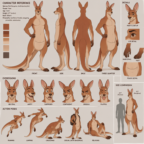 A male anthropomorphic kangaroo, has a pouch, animated version’s, reference sheet