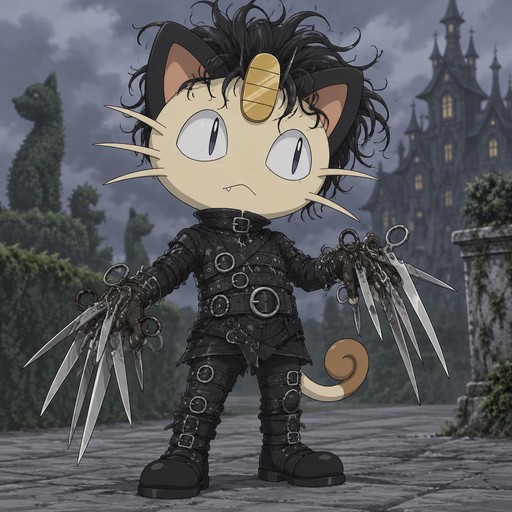 Meowth dressed up as Edward Scissorhands. Anime art style, solo, full body.