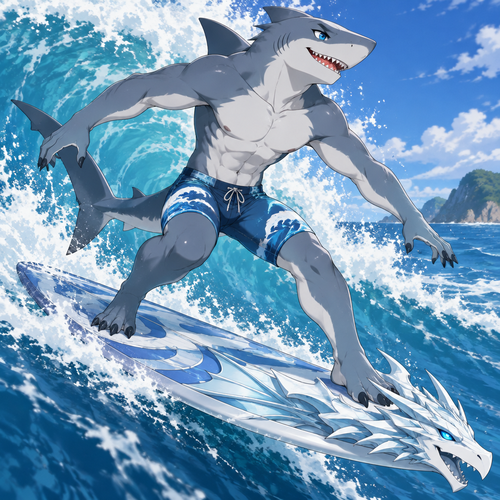 A middle school aged anthropomorphic male great white shark wearing tight ocean themed swim trunks. He is surfing in the ocean on a blue eyes white dragon surfboard. Anime art style, solo, full body.