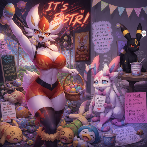 A busty well-made fluffy female Pokemon character, Cinderace. Who celebrates on today’s Easter Day and shouts its Easter! And wrecking up a place like a party girl while others are knocked out on a floor. A cute but creepy male Sylveon just as sad and irritating about being ignored by a male Umbreon while eating a healthy yogurt ignoring. A anthropomorphic animated verse. Spring.
