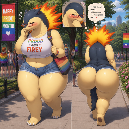 A well-made anthro Pokemon character, Typhlosion. Both blushing and embarrassed while walking around the park on today’s pride month. Wears glasses and has thick thighs. Has a huge buttocks on back view.