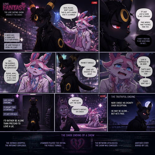 In a well-made anthro Pokemon universe, an non-rich grown brave male half gothic Umbreon named Noir refuses to accept the sham date with a grown richest male Sylveon (the spoiled careless Barron named Lysander) on a live dating fantasy show (in modern life) a week ago and then decided to leave while being begged not to go because love isn’t here. A well-made animated version. A sad but a good truthful ending and the dark ending of a show. A comic. 