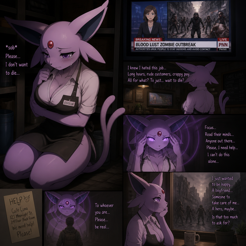 A well-made busty grown female character, Espeon. Who works at a cafe and wears an apron. Hides somewhere because being scared of blood lust zombies outside sob a little. Animated universe. Tries her best to read minds and send help despite on today’s news on television telling about the outbreak. Hated her job and wished to have a boyfriend by chance. Hoping for some rescuers, some survivors, or maybe a dreamy hero. Doesn’t want to die and just wanted to be happy.
