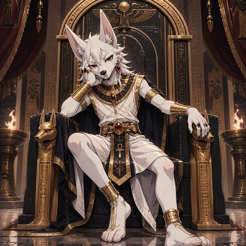 A middle school aged male anthropomorphic albino jackal wearing an Egyptian prince outfit with gold bracers, ruby earrings, and obsidian rings. He is sitting on a throne bored. Anime art style, full body.