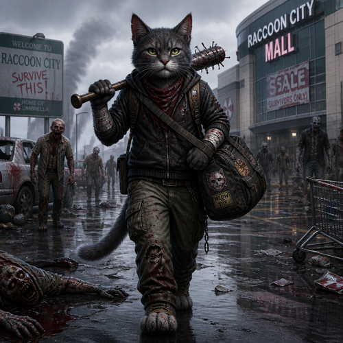 A fearless anthro Cat who fought through the Zombies and is heading to the mall.
