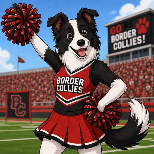 Anthropomorphic border collie cheerleader in a red and black uniform, cartoon style 