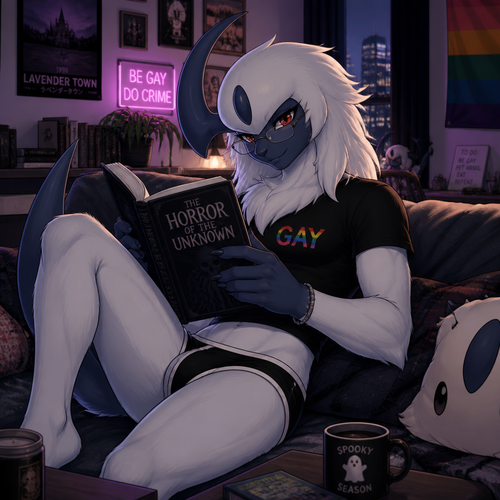 A well-made grown homosexual Pokemon male character, Absol. Sits on a sofa. Lives in an apartment. A dreamy roommate. Reading a scary book. Pride flag on a corner. Has thin thighs and a round buttocks. Wears eyeliner. Wears a reading glasses. Gay and friendly.