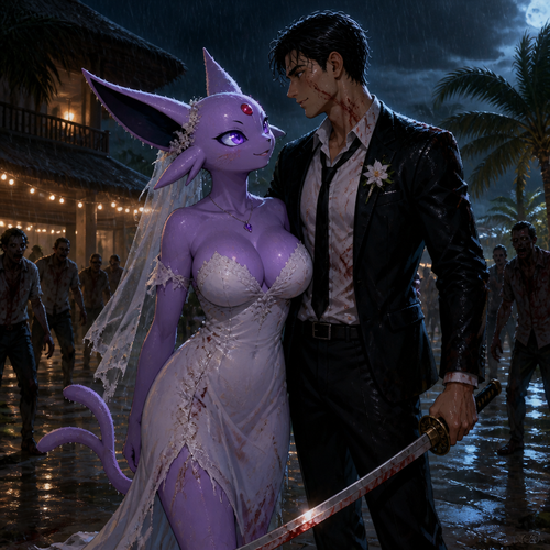 In this reality, at the wedding right before everything was perfect but then after the zombies came crashed and ruined the party became a blood bath. A busty adult female Espeon the bride and her adult human groom as husband and wife stand bye side together and face the living dead at night. A well-made animimated version. A modern life. On a tropical island resort. Gotten all wet by the rain. Front/side view. Love and support each other. Looking at each other with hope and still alive.