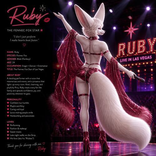 A well-made white furred fennec Fox male named Ruby, wears something attractive for entertainment for a show by self to dance/sing. Wears eyeliner and lipstick. Has a bushy tail. A grown femboy anthro. A star in Las Vegas. Well groomed. Back view. Animated verse. Has good personality.