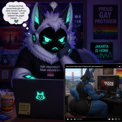 A jealous fluffy gay male Protogen (lives in Indonesia), who uses his laptop and see a video of a male gay Lucario (lives in San Francisco) with thick thighs and buttocks playing a game called Gears of war on PC. Animated verse. Front view. 