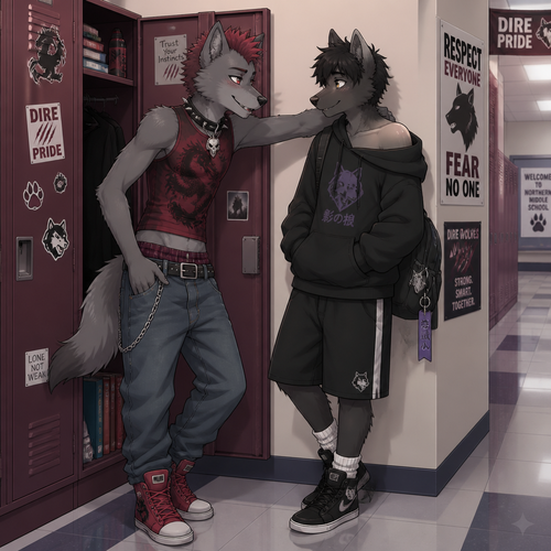 A middle school aged male grey dire wolf wearing saggy jeans with maroon colored boxers poking up above the waistband, a red dragon themed tight sleeveless shirt, a pair of red high top shoes, and a spiked collar snug around his neck with a wolf skull emblem hanging off it, with a short red mohawk hairstyle. He is at his locker at the middle school flirting with a male friend dressed in loose shorts, an oversized hoodie with one side falling off the shoulder and black sneakers. Anime art style, full body.