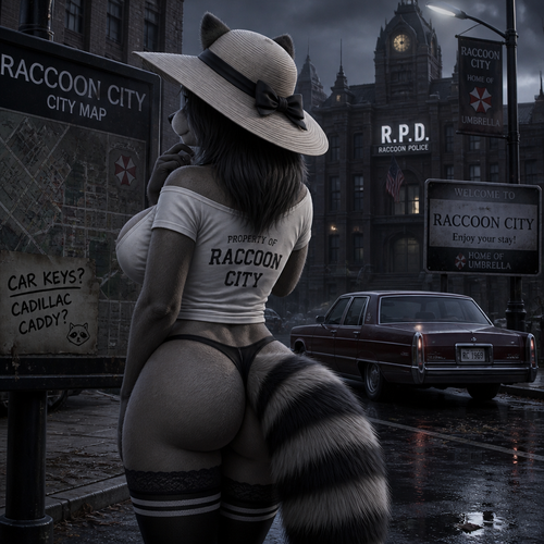 A well-made adult female raccoon character with a shirt on that has thigh highs and boobs who’s looking for something like a car keys for a caddy also wears a sun hat. Animated version. At the Raccoon city. Backshot view.