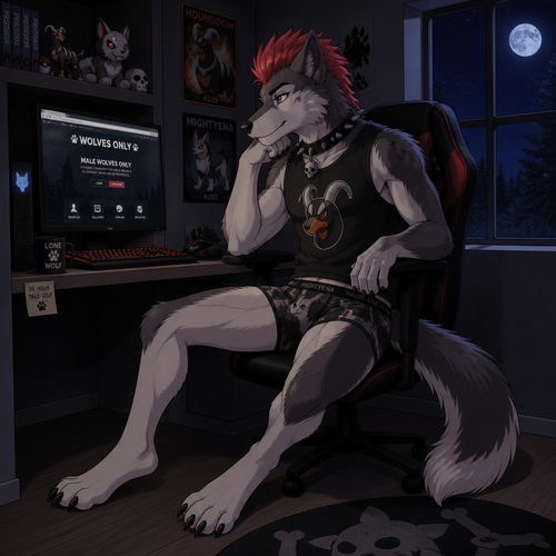 A young male dire wolf wearing tight mightyena theme boxers and loose houndoom theme sleeveless shirt, has a red mohawk hairstyle, wearing a spiked collar with a skull hanging from it. Sitting at a computer desk browsing a male wolves only website. Next to the desk built into the wall is a window showing its nighttime outside. Anime art style. Full Body