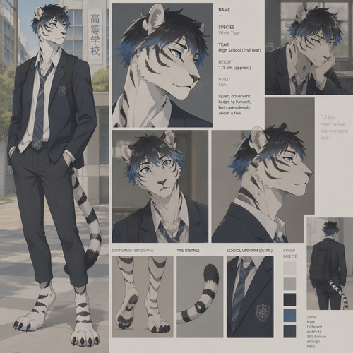 male white tiger,slim, high school, blue eyes, short black hair with blue tips, digitigrade feet, Beastars style, high schol uniform, 