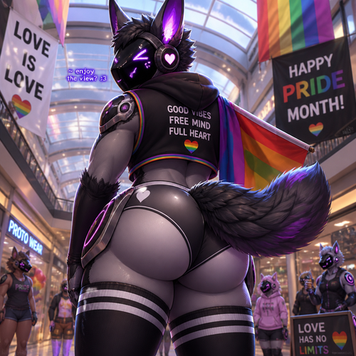A well-made homosexual character, male Protogen at the mall in pride month. Backshots. An animated version verse. Has thigh highs and buttocks. Free minded and good vibes.