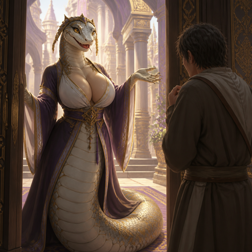 A lovely well-made grown adult female snake character that wears a robe and has large breasts who’s happily greeted a shy human man at the palace into the unknown.
