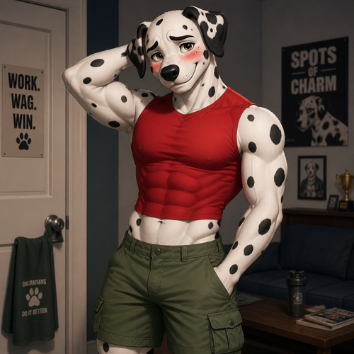 A handsome young male Dalmatian wearing green cargo shorts and a tight red sleeveless shirt. Has a six pack abs, blushing while rubbing the back of his head.