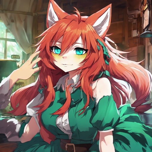 anthromorphic furry is a red-haired fox. The fur and hairstyle are disheveled, sleepy turquoise eyes with a slice of emerald, Height 150-160 cm. He's wearing a skirt