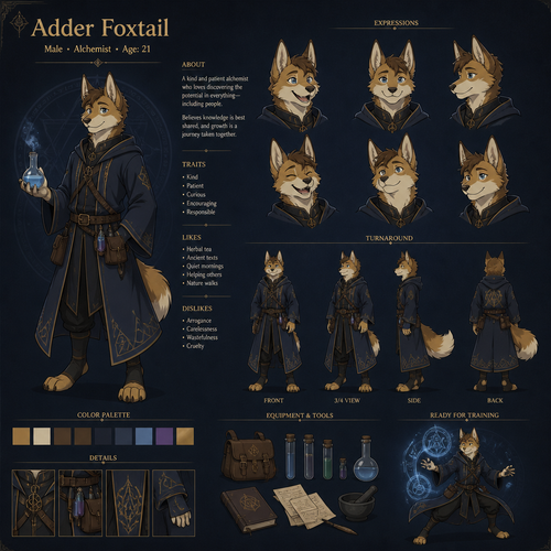 A male alchemist anthropomorphic dog fox in his early twenties named “Adder Foxtail” in a dark blue robe, is nice and is ready for a appearance to train, the apprentice is not in the picture, reference sheet, animated version 