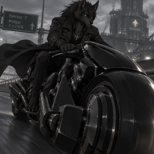 male, black fur, maned wolf, golden eyes, digitigrade footpaws, toned body,goth, wearing a trenchcoat, anime style, riding a black final fantasy advent children motorcycle