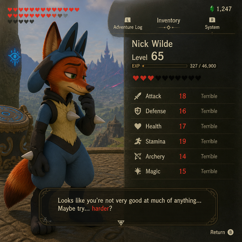 Nick Wilde wearing a Lucario themed outfit. His is inside a video game based on Legend of Zelda looking at his stats seeing he is level 65 with all bad stats.