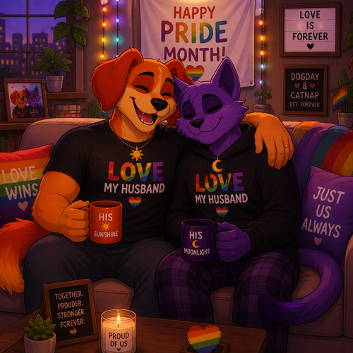 A anthropomorphic smiling critters verse. Both anthro DogDay and Catnap are both boyfriends living together and married. Sits together on a sofa. Today’s pride month. Both grownups. Animated art version.