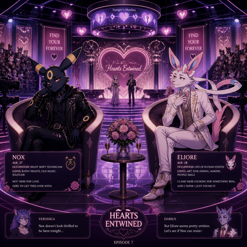 In a dating live show (a well-made animated version) a grown non-rich anthro Umbreon male that wears a gothic jacket and doesn’t want to be there and wanted to lose while a super rich grown anthro Sylveon male that wears some elegant clothes who likes him. A well-made universe view.