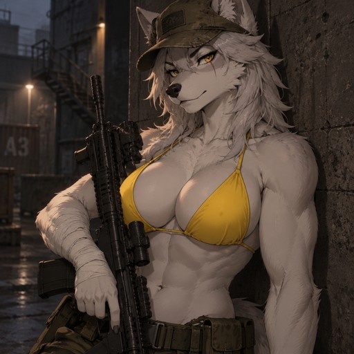 A high-quality 2D anime-style digital illustration of an anthropomorphic female wolf with an attractive, muscular physique—featuring strong biceps, a full bust, and defined abs—wearing a confident expression. She wears a weathered olive-drab military cap and a bright yellow bikini top. Her right arm is heavily wrapped in white bandages extending from the wrist to the mid-forearm, and she holds a black tactical rifle. She is leaning against a dark, textured concrete wall in a dimly lit urban setting. The composition is a half-body shot, focusing on her torso and face. The lighting is dramatic and directional, casting soft shadows and highlighting the contours of her silhouette. The color palette is dominated by muted earth tones, contrasting sharply with her white fur and the vibrant yellow of her swimwear. The atmosphere is rugged yet serene.