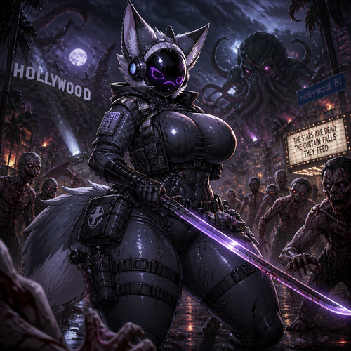 A busty well-made adult anthro waterproofed Protogen that has thick thighs and survival gear on and holding a saber sword facing a mixed up dark spicy lovecraft zombie apocalypse, in Hollywood alone. Anime verse.