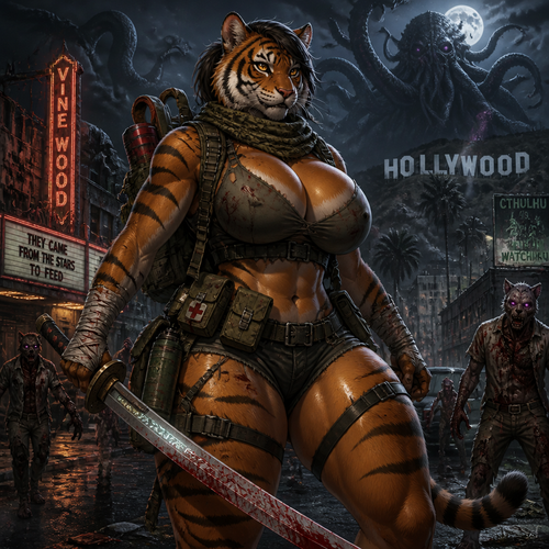 A busty well-made adult anthro Tiger that has thick thighs and survival gear on and holding a saber sword for a mixed up dark spicy lovecraft zombie apocalypse, in Hollywood. 
