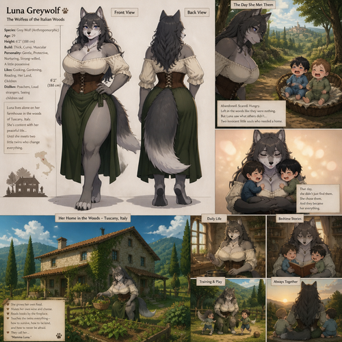 A well-made thick and busty adult anthropomorphic grey Wolf (female character) in Italy, who sees two baby boys (the twins) and decides to adopt them. Lives in a farm land alone in the woods. Anime version. Front/back view.