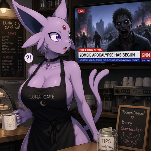 A well-made busty grown anthro female Espeon who works at a cafe wearing an apron on until today’s news on television saying about the zombie apocalypse had started. A animated universe.