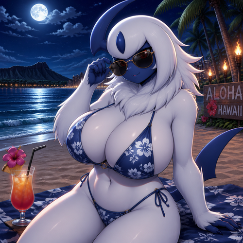 A gorgeous busty female grown Absol, wears a bikini and sunglasses, and enjoying the night at the beach on Hawaii. view. Animated version.