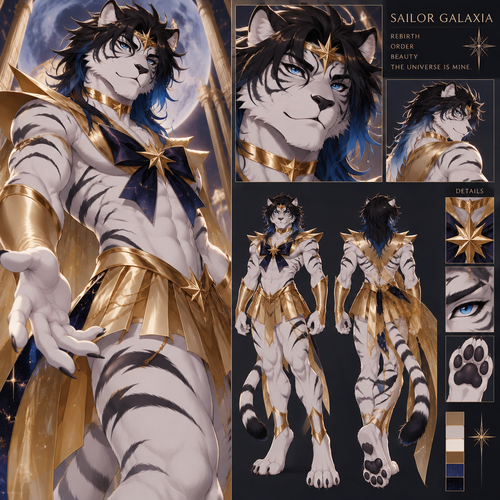 Male, anthro white tiger, digitigrade footpaws, thick black hair with blue tips, blue eyes, sailor galaxia
