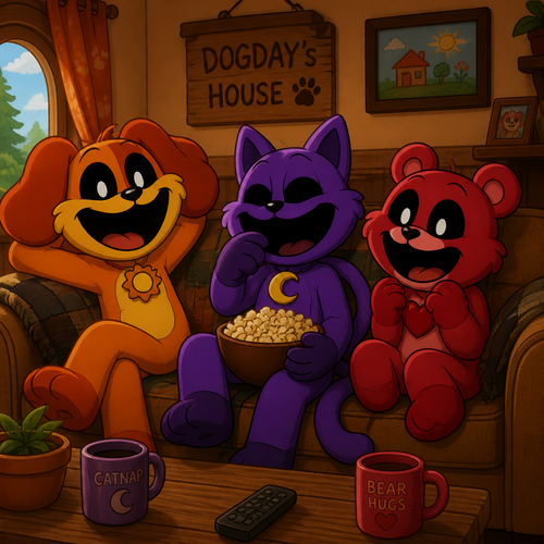 Dogday, Catnap, and Bobby Bearhug hanging out together on the couch in Dogday’s house animated 