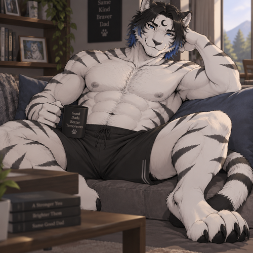 anthro male white tiger, anime style, short black hair down to the neck with blue tips, digitigrade footpaws with four toes, relaxing, shirtless, dad, black shorts, waxing black crescent on forehead, blue eyes