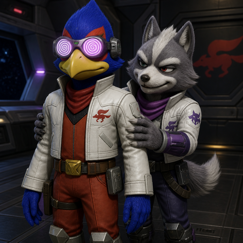 Falco Lombardi standing up straight in his normal uniform. The only non normal part of his clothing is the active hypnosis glasses he is wearing that are hypnotizing him. Behind him smirking also wearing his regular uniform is Wolf O’Donnell. Wolf is rubbing his hands up and down Falcon’s arms.