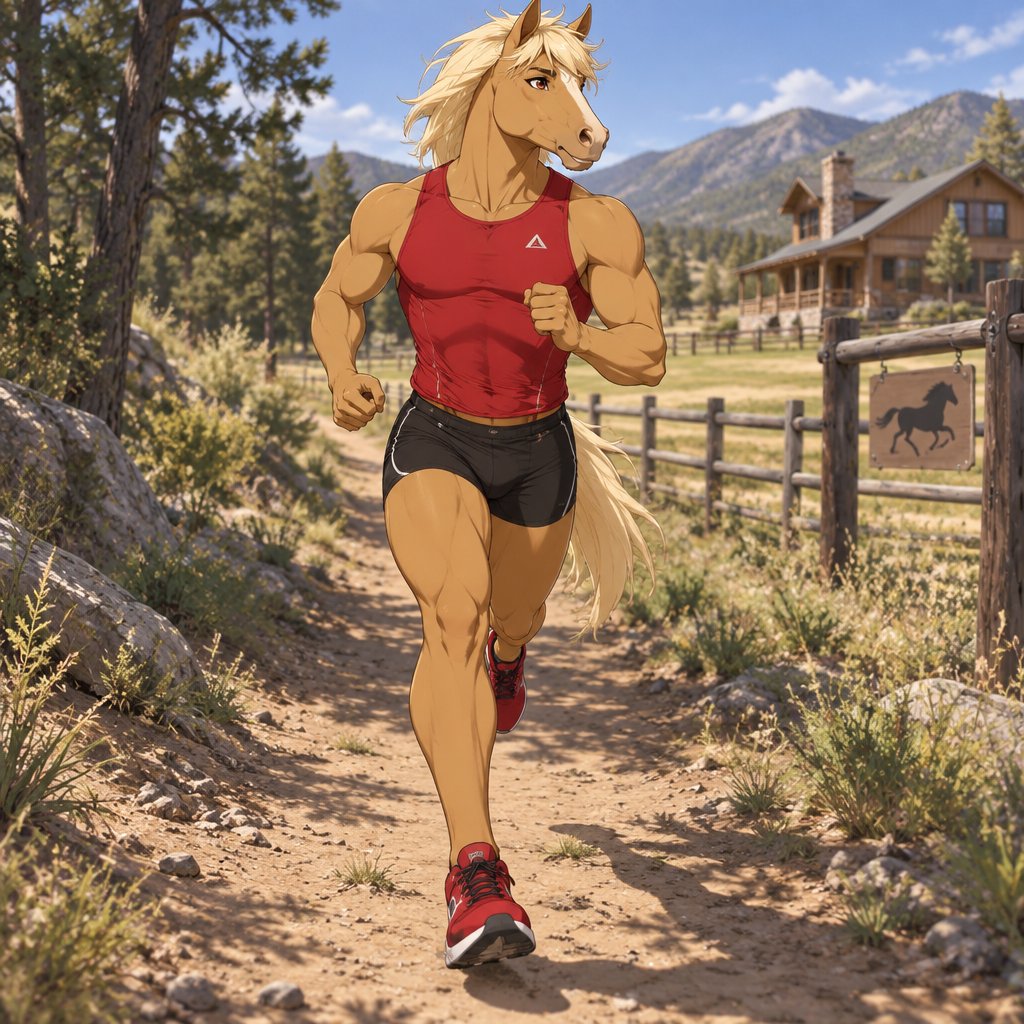 A high school aged male golden mustang wearing tight black short shorts, tight red muscle shirt, and red running shoes. Running along a trail located behind his ranch house. Anime art style, solo, full body.