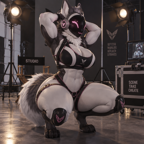 Aesthetic 11: Illustrate an anthropomorphic Protogen with a muscular, curvy physique—featuring ample breasts, wide hips, thick thighs, defined abs, and large biceps—wearing an outfit that accentuates her physique and curves. She is posed in a crouch with her arms raised to her head inside a film studio, illuminated by spotlights, shot from a standard camera angle.