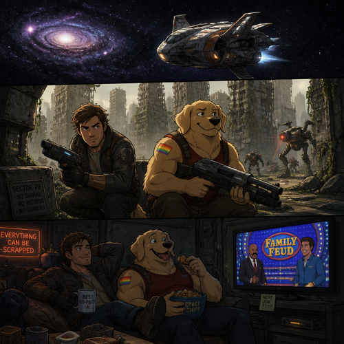 In a lone galaxy, a well-made animated version. In a spaceship, a human pilot/scavenger, and his best friend a thick homosexual anthro gay golden retriever with floppy ears. Both finding themselves on a scavenging hunt and knows how to defend themselves from any threats even some robots. In an abandoned planet unknown in a concrete jungle. And watching Family Feud on a telegraphic flat screen while on break.