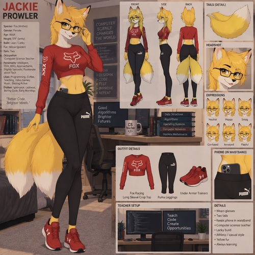 A lanky female anthropomorphic fox named Jackie that has two tails and yellow fur, wears glasses, last name is “Prowler”, wearing a red long sleeve fox racing crop top and a pair of black Puma leggings, keeps her phone in the waistband of her leggings, wears red under armor trainers, is a computer science teacher, is in a room alone, reference sheet, one big picture 