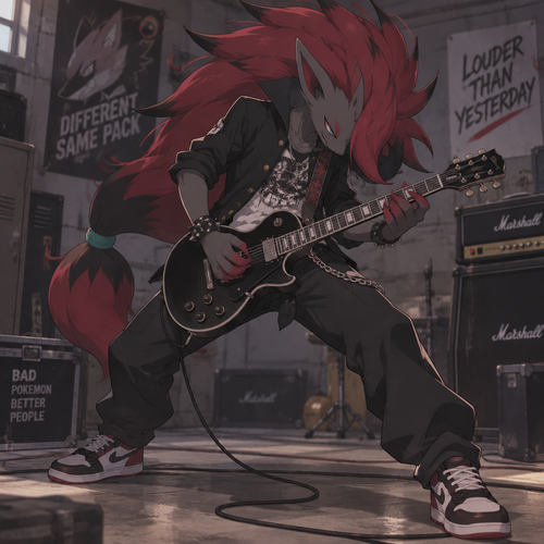 A high school aged male Zoroark dressed like a American delinquent. Playing an electric guitar and head banging. Anime art style, full body.