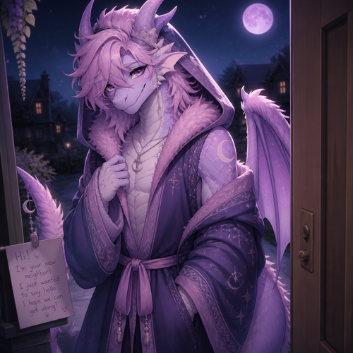 A friendly shy immortal alike femboy grown male character (well-made) anthro moon lavender lung Dragon with pink & purple fur and a pretty one that wears a robe with a hoodie who came to say hi as a friendly neighbor.