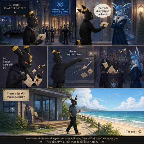 A non-rich grown Umbreon male who change his mind while reject and ripped the envelope and toss it to a trash can of a billionaire Glaceon (the Barron) welcoming party at the city mansion to look bad. Chooses a home. Lives on a small modern house at the beach. Well-made animated version. A good ending. A anthropomorphic verse. Side view.