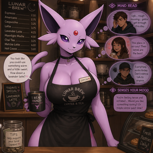A well-made busty female Espeon that wears an apron who works at the coffee place and can mind reads some customers and a silently bad mood.